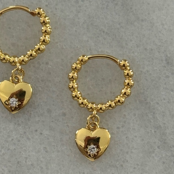 Gold Beaded Heart Star Burst Crystal Charm Pendant Huggie Hoop Earrings - Picture 2 of 5